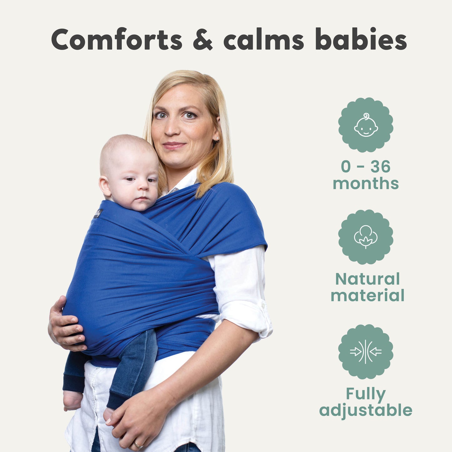 CuddleBug Original Baby Wrap – Blue. A soft, stretchy cotton-spandex baby wrap for newborns to toddlers (7-35 lbs). Provides hands-free comfort, even weight distribution, and a secure, snug fit for all body types.