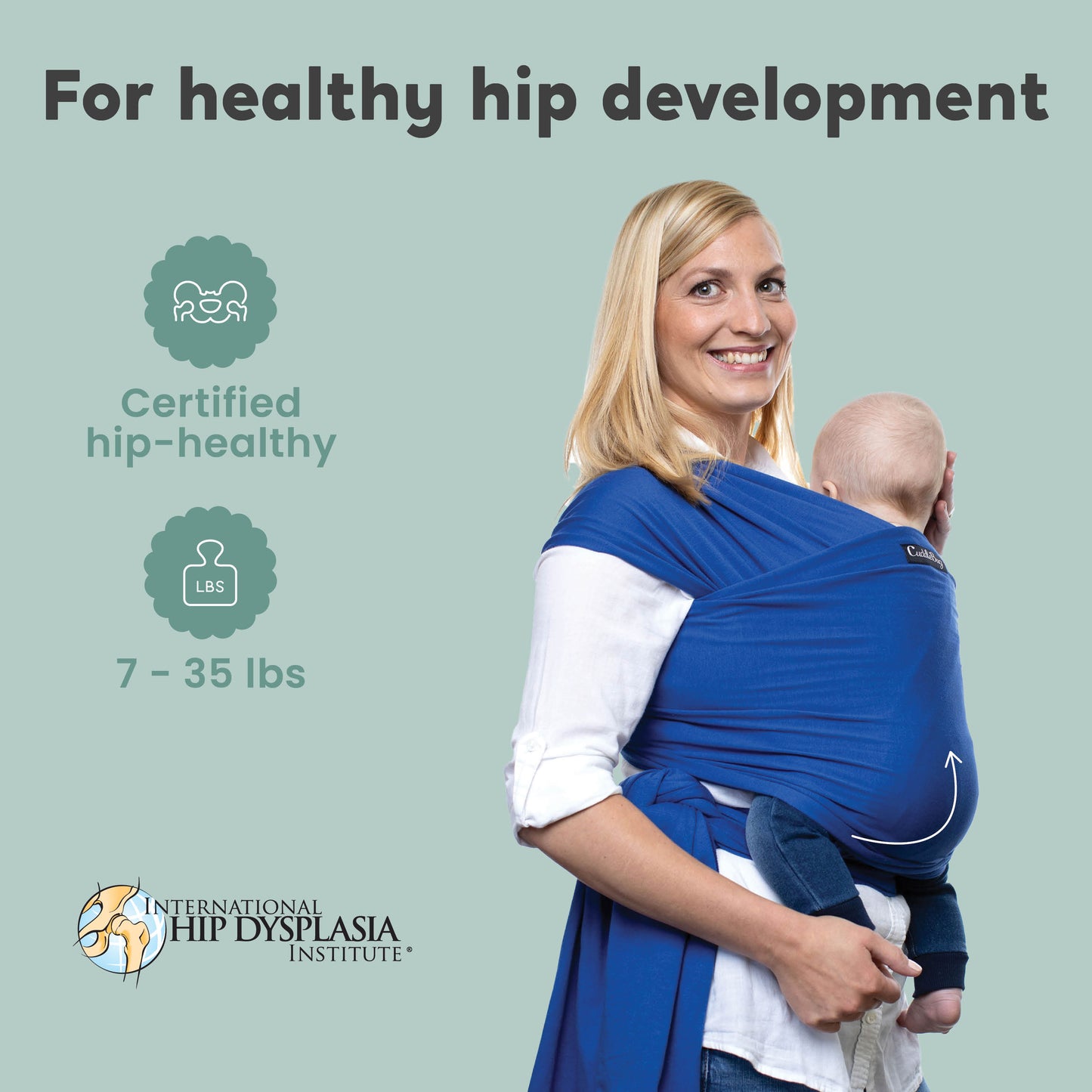 CuddleBug Original Baby Wrap – Blue. A soft, stretchy cotton-spandex baby wrap for newborns to toddlers (7-35 lbs). Provides hands-free comfort, even weight distribution, and a secure, snug fit for all body types.