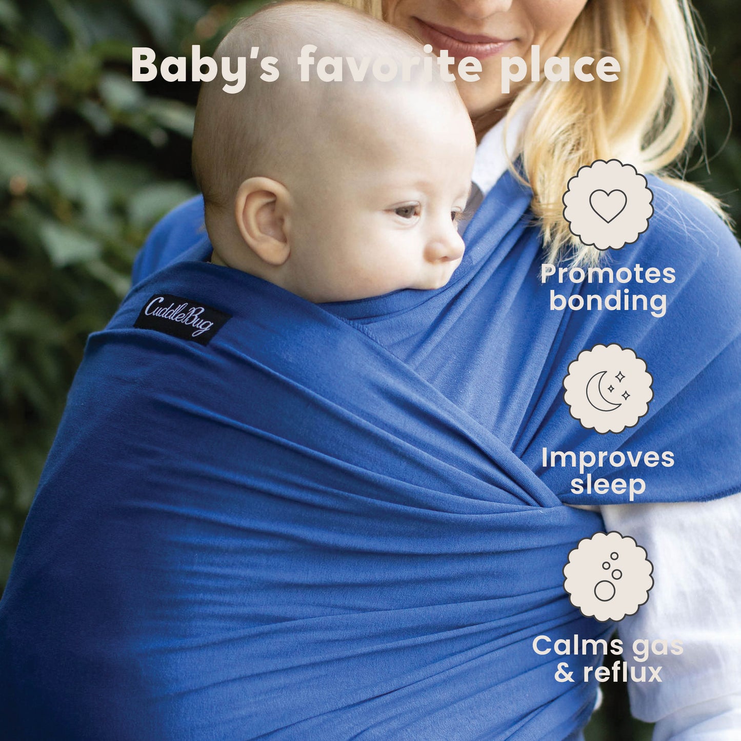 CuddleBug Original Baby Wrap – Blue. A soft, stretchy cotton-spandex baby wrap for newborns to toddlers (7-35 lbs). Provides hands-free comfort, even weight distribution, and a secure, snug fit for all body types.