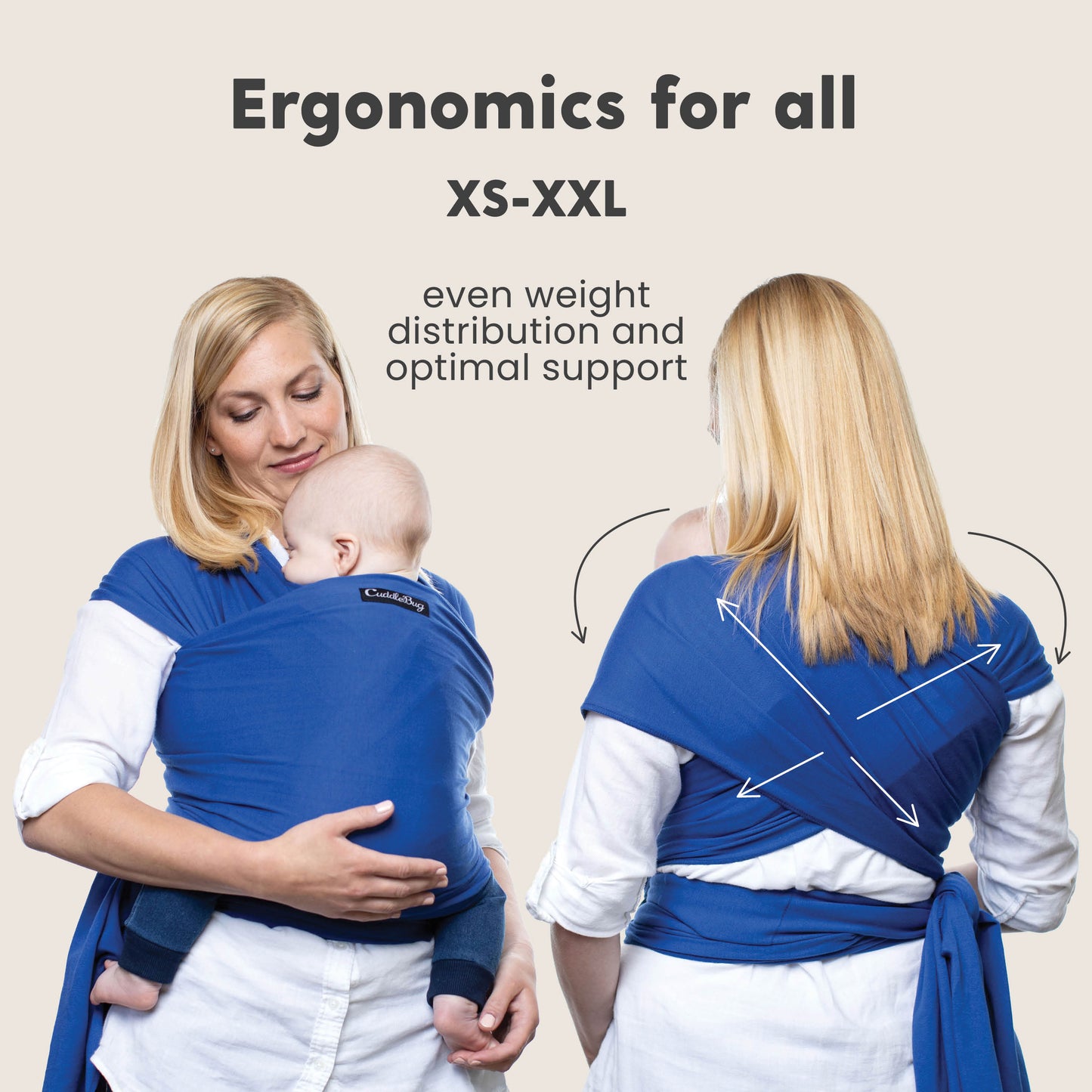 CuddleBug Original Baby Wrap – Blue. A soft, stretchy cotton-spandex baby wrap for newborns to toddlers (7-35 lbs). Provides hands-free comfort, even weight distribution, and a secure, snug fit for all body types.
