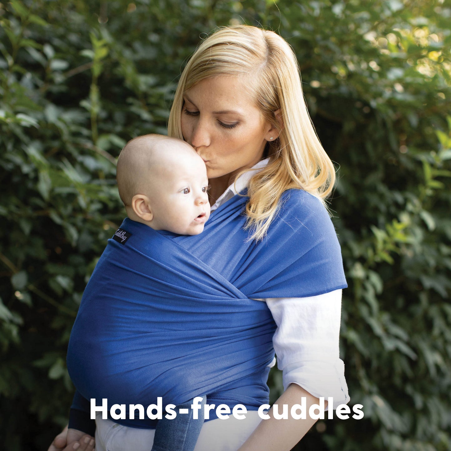 CuddleBug Original Baby Wrap – Blue. A soft, stretchy cotton-spandex baby wrap for newborns to toddlers (7-35 lbs). Provides hands-free comfort, even weight distribution, and a secure, snug fit for all body types.
