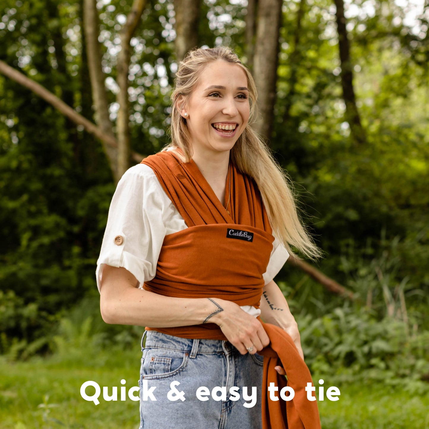 CuddleBug Original Baby Wrap – Brown. A soft, stretchy cotton-spandex baby wrap for newborns to toddlers (7-35 lbs). Provides hands-free comfort, even weight distribution, and a secure, snug fit for all body types.