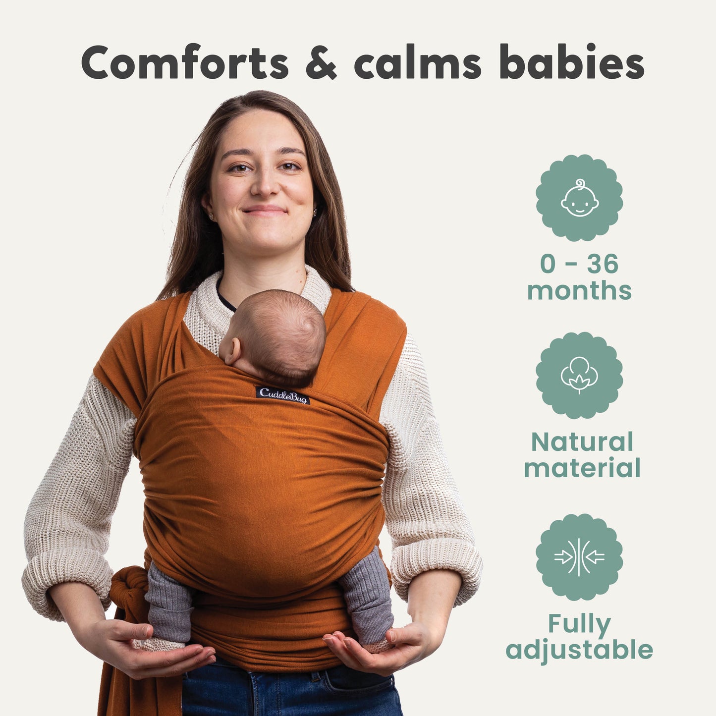 CuddleBug Original Baby Wrap – Brown. A soft, stretchy cotton-spandex baby wrap for newborns to toddlers (7-35 lbs). Provides hands-free comfort, even weight distribution, and a secure, snug fit for all body types.